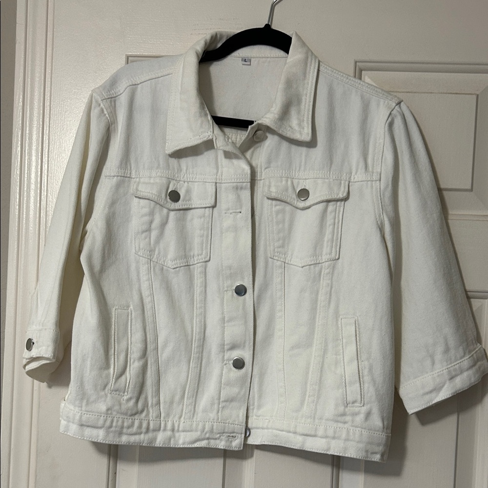 Unilexi Women's 3/4 Sleeve Colored Cropped White Denim Jacket Jean